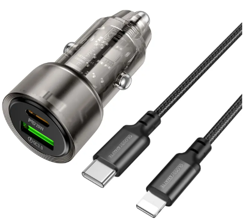 סט מטען מהיר לרכב הכולל ראש טעינה USB-C+USB-A וכבל טעינה USB-C ל-Lightning, עיצוב שקוף