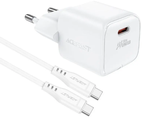 סט מטען מהיר לטלפון הכולל ראש מטען USB-C וכבל USB-C ל-USB-C באורך 1.2 מטר, עיצוב קומפקטי