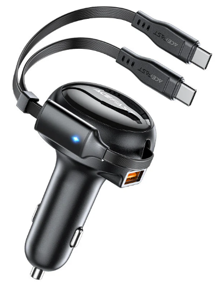 מטען מהיר לרכב בעיצוב חדשני, יציאת USB-A ו-2 כבלי טעינה USB-C הניתנים לכוונון