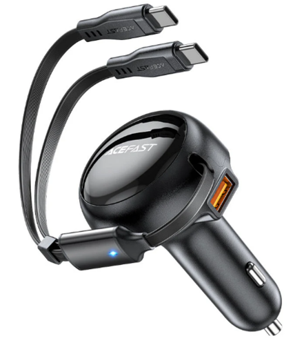 מטען מהיר לרכב בעיצוב חדשני, יציאת USB-A ו-2 כבלי טעינה USB-C הניתנים לכוונון