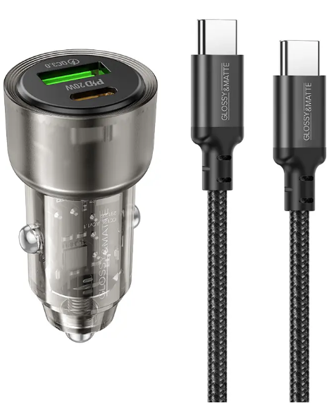 סט מטען מהיר לרכב הכולל ראש טעינה USB-C+USB-A וכבל טעינה USB-C ל-USB-C, עיצוב שקוף