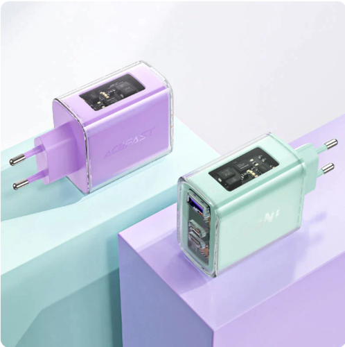 מטען קיר לטלפון, טעינה מהירה 2 כניסות USB-C וכניסת USB-A, סגול