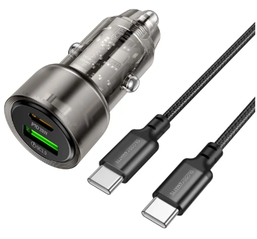 סט מטען מהיר לרכב הכולל ראש טעינה USB-C+USB-A וכבל טעינה USB-C ל-USB-C, עיצוב שקוף