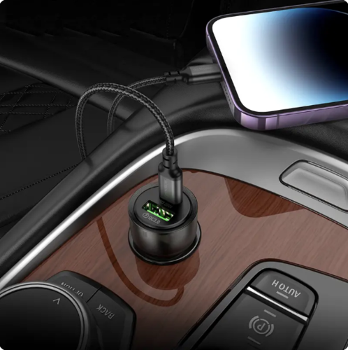 סט מטען מהיר לרכב הכולל ראש טעינה USB-C+USB-A וכבל טעינה USB-C ל-USB-C, עיצוב שקוף