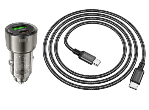 סט מטען מהיר לרכב הכולל ראש טעינה USB-C+USB-A וכבל טעינה USB-C ל-USB-C, עיצוב שקוף