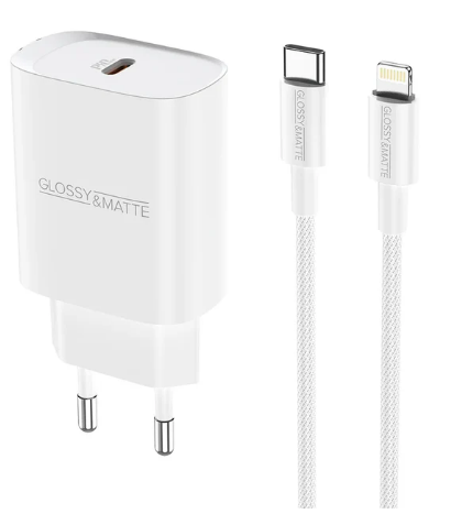 סט ראש מטען מהיר וכבל USB-C ל-Lightning, טעינה מהירה PD20W, לבן