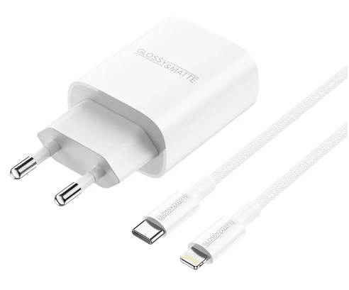 סט ראש מטען מהיר וכבל USB-C ל-Lightning, טעינה מהירה PD20W, לבן