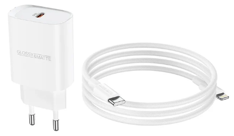 סט ראש מטען מהיר וכבל USB-C ל-Lightning, טעינה מהירה PD20W, לבן