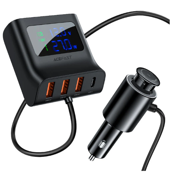 מטען מהיר לרכב מפוצל, 3 יציאות USB-A ויציאת USB-C, חיבור למצת הרכב, צג חיווי דיגיטלי