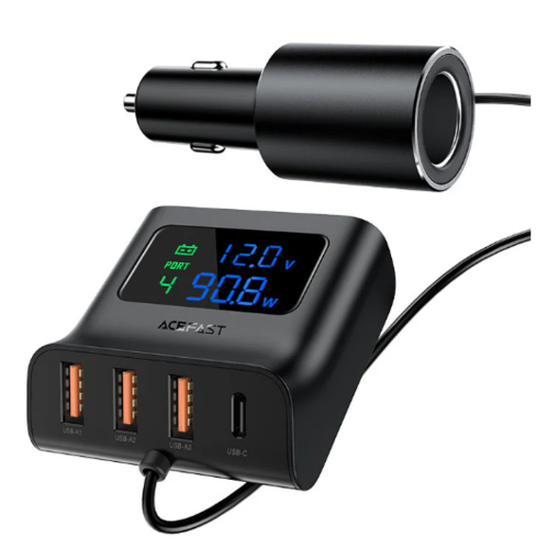מטען מהיר לרכב מפוצל, 3 יציאות USB-A ויציאת USB-C, חיבור למצת הרכב, צג חיווי דיגיטלי