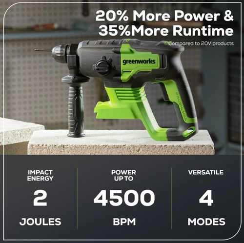פטישון GREENWORKS 24V Brushless SDS-Plus דגם 99574/2.6 עם 4 מצבי עבודה, עוצמת הלימה 2J, תפסנית SDS-Plus ומערכת אנטי-ויברציה לקידוח בבטון עד 24 מ