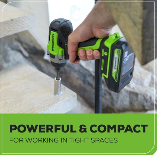מברגת אימפקט GREENWORKS 24V Brushless דגם 99574.5 עם מומנט 300Nm ו-3 מצבי עוצמה