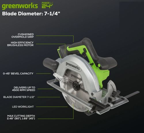 מסור עגול GREENWORKS 24V דגם 99727 עם מנוע Brushless, להב 185 מ