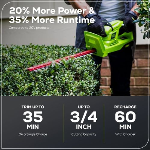 גוזם גדר חיה GREENWORKS 24V דגם 99705-4 עם להב כפול 20 אינץ', סוללת 2 אמפר ומטען מהיר לגיזום מדויק של שיחים וגדרות חיות