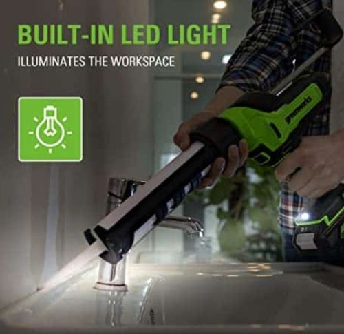 אקדח הזרקה נטען GREENWORKS 24V דגם 99637-2 עם כוח דחיקה 2900N, 6 מצבי מהירות ומנגנון מניעת טפטוף לעבודות איטום והדבקה מקצועיות