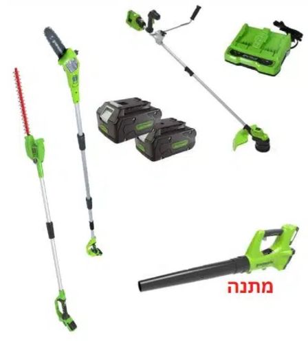 דיל SWIFT GREENWORKS - ערכת פרימיום הכוללת מסור ומגזמת גובה, חרמש 48V Brushless ומפוח עם סוללות ומטען כפול