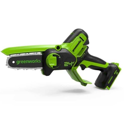 קיט מסור שרשרת מיני GREENWORKS 24V Brushless דגם 99502-12 עם סוללה 2 אמפר, מטען, תיק אחסון ומפוח עלים במתנה לגיזום ענפים עד 10 ס