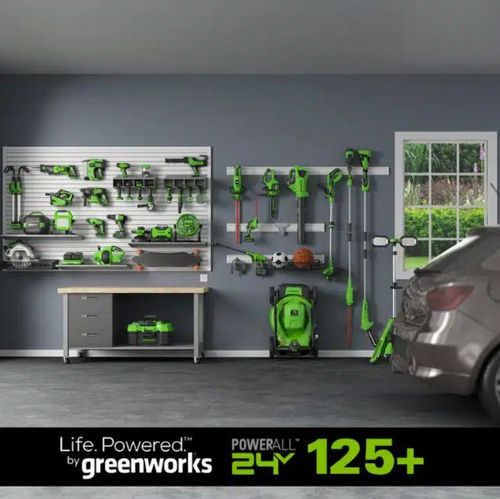 קיט מסור שרשרת מיני GREENWORKS 24V Brushless דגם 99502-12 עם סוללה 2 אמפר, מטען, תיק אחסון ומפוח עלים במתנה לגיזום ענפים עד 10 ס