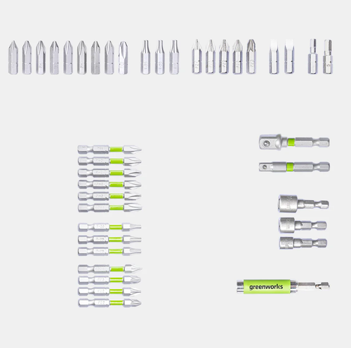 קיט 40 ביטים ומקדחים GREENWORKS דגם 99496 מפלדת סגסוגת חזקה במזוודת פלסטיק קשיחה עם תאים מסודרים, תואם לכל סוגי המברגות והמקדחות