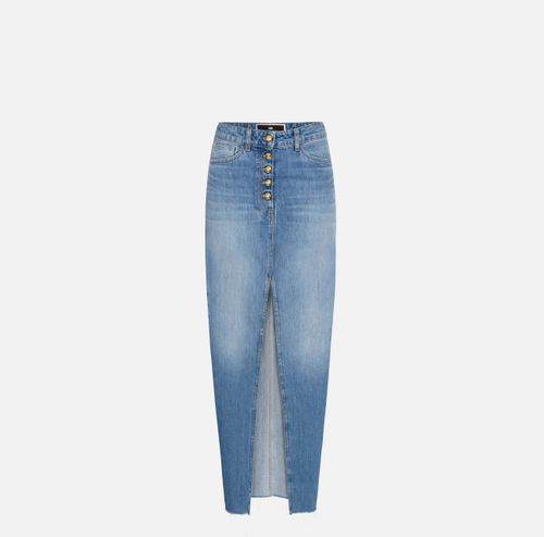 Long denim skirt with slit‏
