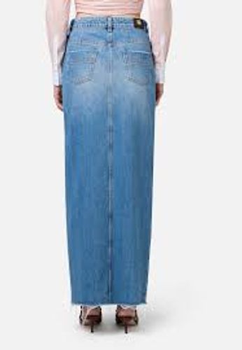 Long denim skirt with slit‏