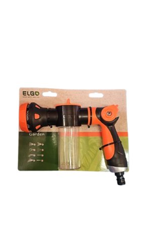 מתזה מקצועית ELGO Garden דגם LP29C בצבעי כתום ושחור, עם מיכל שקוף מובנה, נזה מתכוונן ומספר דפוסי התזה. מוצגת באריזה עם תרשים המדגים את אפשרויות ההתזה השונות. קוד יצרן ELGO/LP29C.RetryClaude can make mistakes. Please double-check responses.