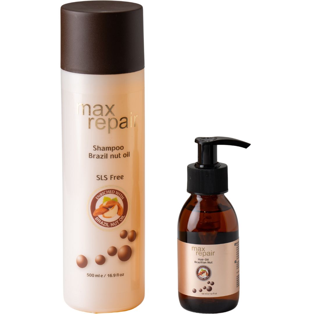סט שמפו לשיקום השיער MAX REPAIR לכל סוגי השיער מקס ריפר 500 מ"ל אגו + שמן אגוז ברזיל אגו 100 מ"ל