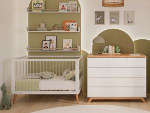 חדר לתינוק - מקאו שידה 120 ס"מ טריקה שקטה ומיטת תינוק עם מוטות מיטה שקופים