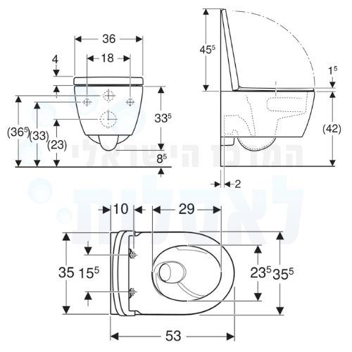 מידות אסלה תלויה GEBERIT iCon 53 TurboFlush 503.046.JT.1 טורנדו כולל מושב הידראולי | לבן מט