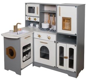 מטבח פינתי מעץ לילדים עם כיריים וברז מים זורמים (אמיתי) אורות וצלילים - דגם דורון (אפור)