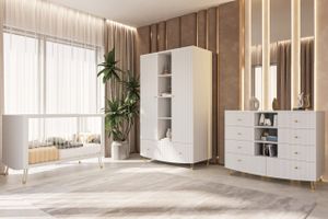 חדר לתינוק - מלאגה שידה 120 ס"מ עם חזית מחורצת, מסילות שקטות אוטומטיות ומיטת תינוק עם מוטות שקופים