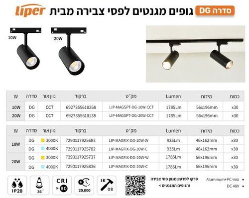 גוף תאורה ספוט דגם DG לפס מגנטי CCT 20W מבית Liper 
