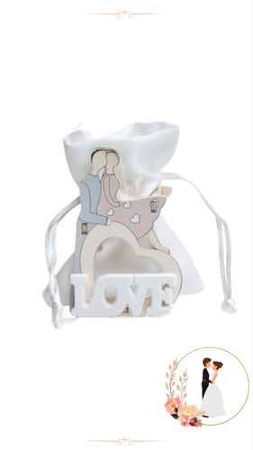 כלי עץ חתן כלה + שקית LOVE בד 7*10 ס