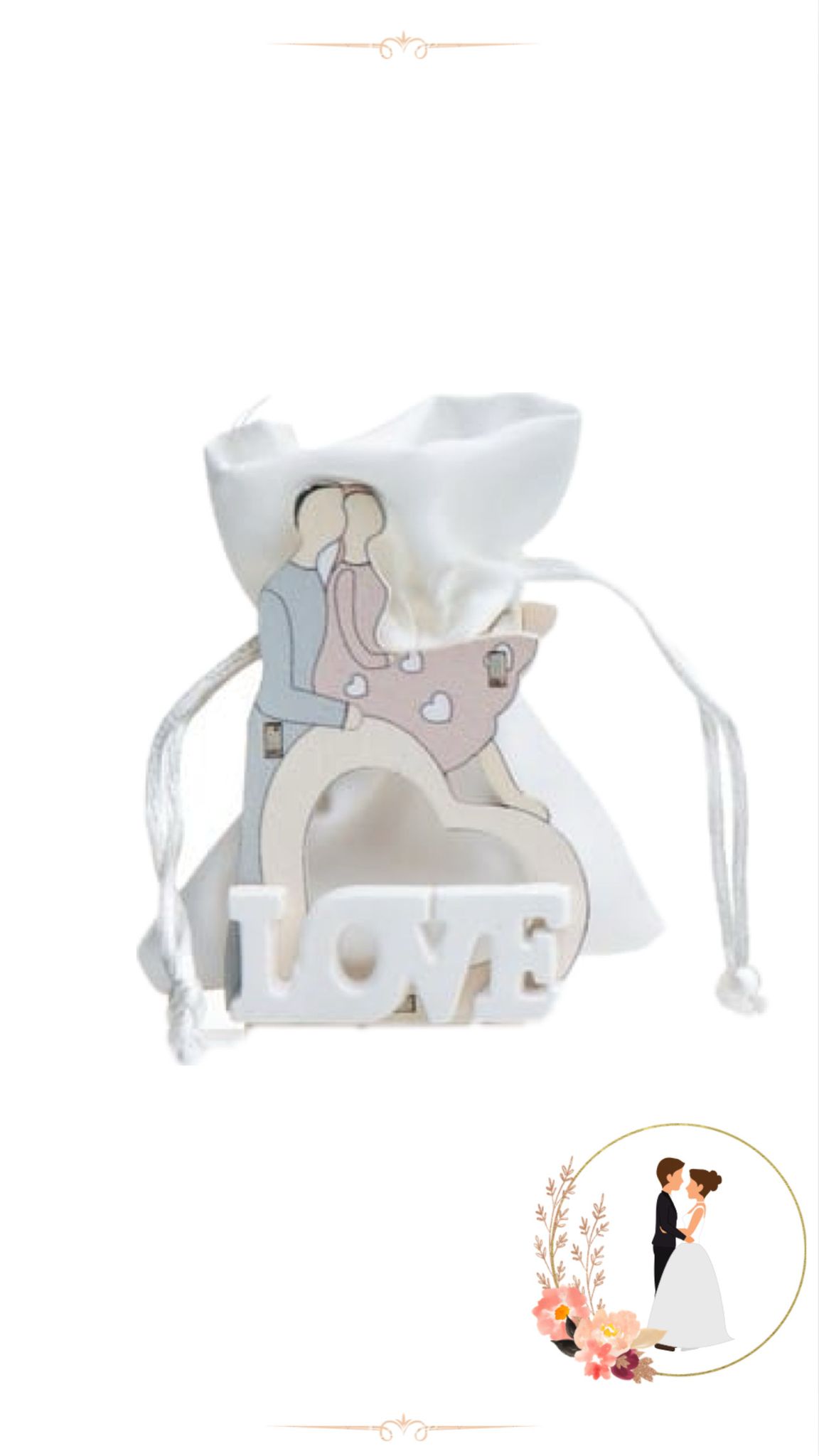 כלי עץ חתן כלה + שקית LOVE בד 7*10 ס"מ 