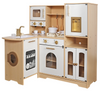 מטבח פינתי מעץ לילדים עם כיריים וברז מים זורמים (אמיתי) אורות וצלילים - דגם דורון (טבעי)