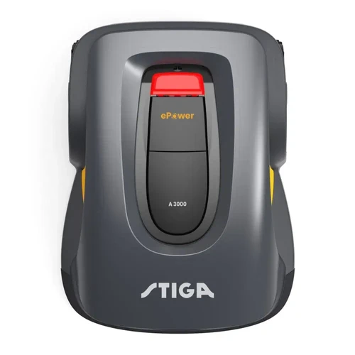 מבט על של רובוט לכיסוח דשא STIGA A10000 בצבע אפור כהה עם כפתור עצירה אדום ומיתוג ePower דגם עוצמתי לכיסוח שטחים גדולים באופן עצמאי וללא חוט תיחום