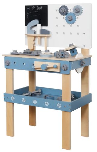 שולחן כלי עבודה לילדים מעץ עם למעלה מ 25 כלים ואביזרי משחק - כחול