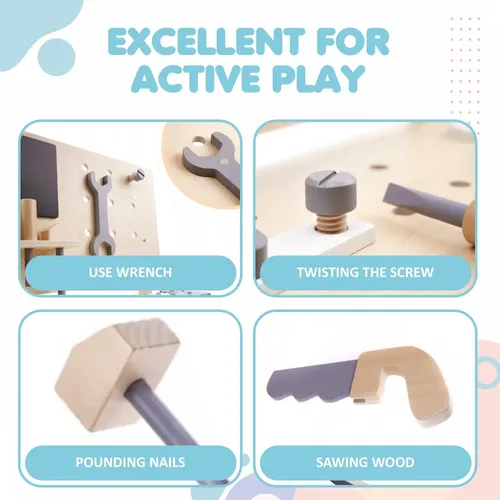 שולחן כלי עבודה לילדים מעץ עם למעלה מ 25 כלים ואביזרי משחק - כחול