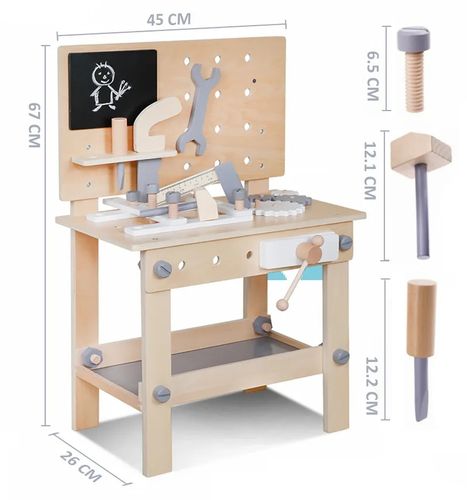 שולחן כלי עבודה לילדים מעץ עם למעלה מ 25 כלים ואביזרי משחק - טורקיז
