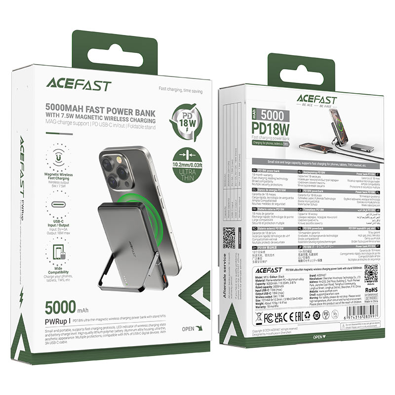 מטען נייד ACEFAST Fast Charge Power Bank PD 18W 5000 mAh שחור MagSafe