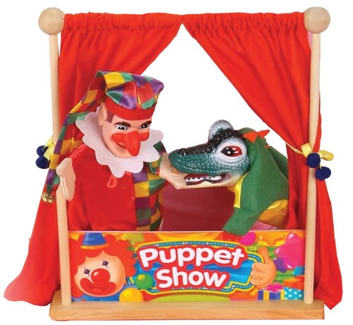 מתקן תאטרון בובות שולחני מעץ עם מסך ו 7 בובות 