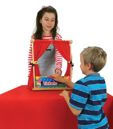 מתקן תאטרון בובות שולחני מעץ עם מסך ו 7 בובות 