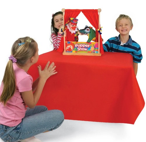 מתקן תאטרון בובות שולחני מעץ עם מסך ו 7 בובות 