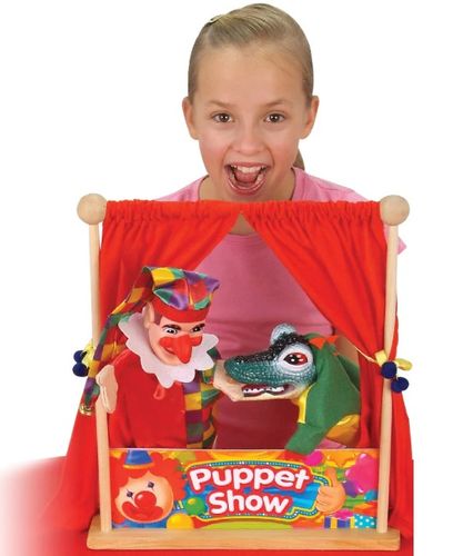 מתקן תאטרון בובות שולחני מעץ עם מסך ו 7 בובות 