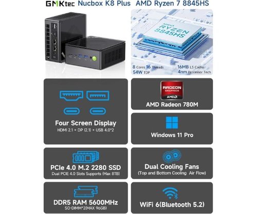 מחשב נייח מיני גיימינג מחשב נייח קטן GMK K8 Tec Plus AMD 8845HS 32GB DDR5 1TB WIN11PRO Wifi Bluetooth שלוש שנים אחריות רשמית