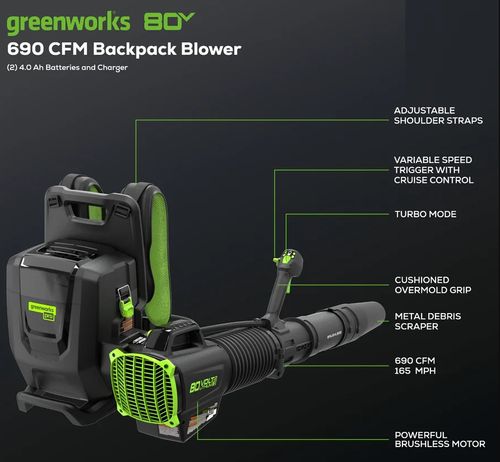 מפוח עלים נישא GREENWORKS 80V PRO דגם 99569 עם תא סוללות כפול ושקע להפעלת כלים נוספים
