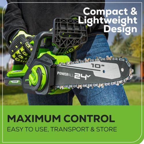מסור שרשרת נטען GREENWORKS 99701-1 24V עם להב OREGON 10 אינץ', סוללת 2 אמפר ומטען מהיר, מערכת שימון אוטומטית ומתיחת שרשרת ללא כלים