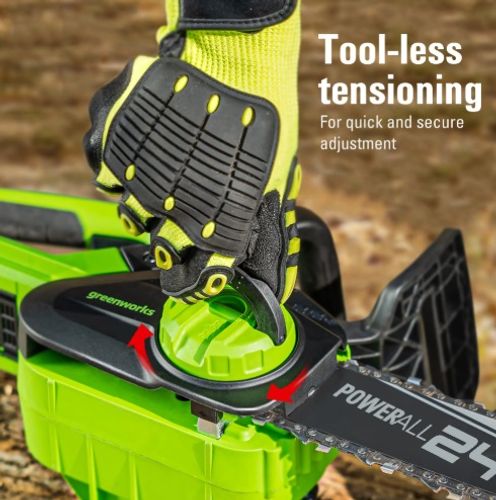 מסור שרשרת נטען GREENWORKS 24V דגם 99701-2 עם להב OREGON 10 אינץ', שתי סוללות 2 אמפר ומטען מהיר, מיועד לגיזום עצים וחיתוך ענפים