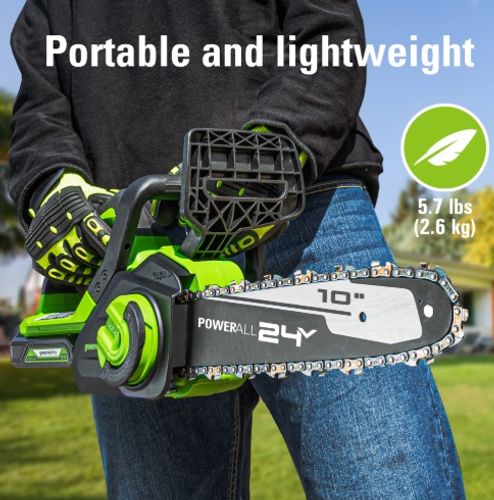מסור שרשרת נטען GREENWORKS 24V דגם 99701-2 עם להב OREGON 10 אינץ', שתי סוללות 2 אמפר ומטען מהיר, מיועד לגיזום עצים וחיתוך ענפים