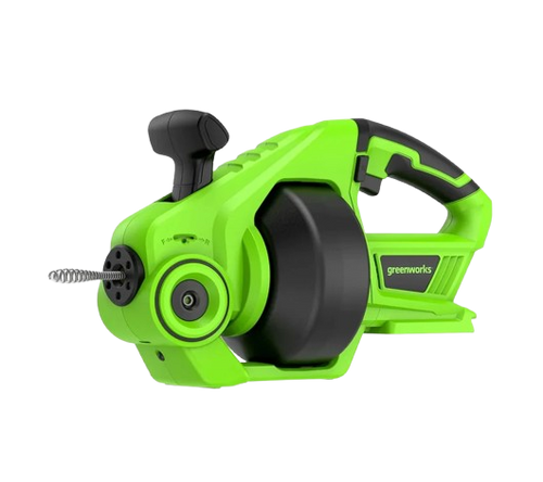 ספירלה נטענת לביוב GREENWORKS 24V דגם 99632 עם כבל 7 מטר, מנגנון הזנה אוטומטי ותאורת LED לפתיחת סתימות בצנרת 1.9-5 ס